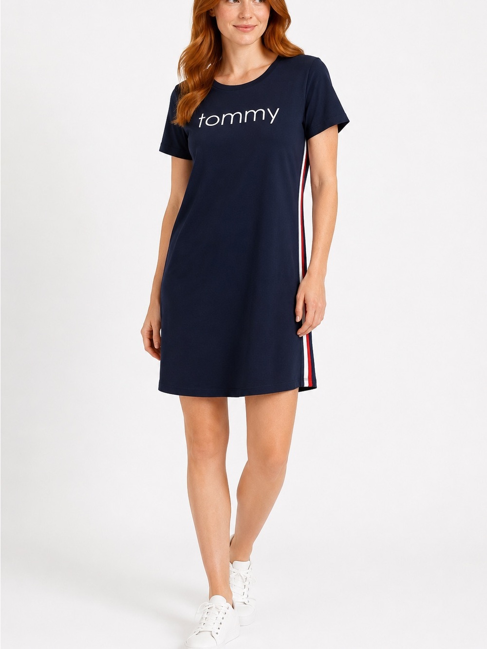 Tommy Hilfiger Navy Logo T Shirt Dress Side Stripe Size Large Airport Outfit